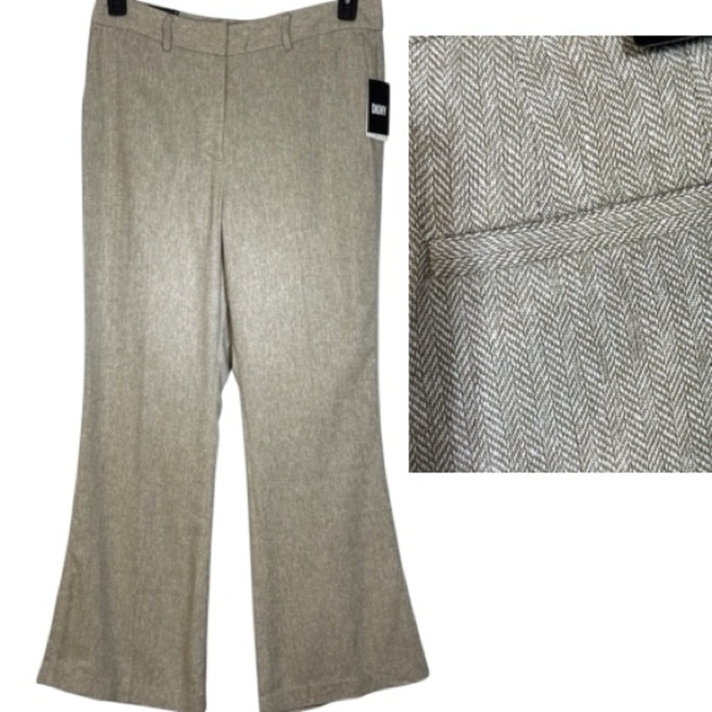 DKNY Pants Slim Tan Herringbone Linen Blend Slim Boot Cut in Size 14 ‎ NWT